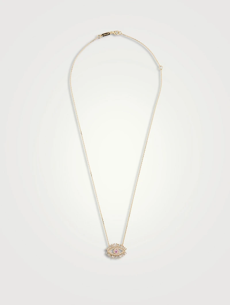 Medium 18K Gold Pavé Evil Eye Pendant Necklace With Pink Sapphire And Diamonds
