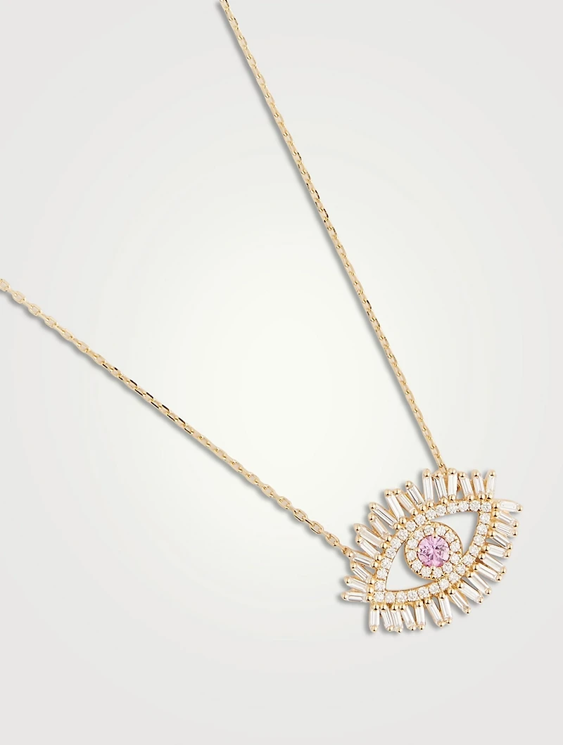 Medium 18K Gold Pavé Evil Eye Pendant Necklace With Pink Sapphire And Diamonds