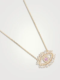 Medium 18K Gold Pavé Evil Eye Pendant Necklace With Pink Sapphire And Diamonds