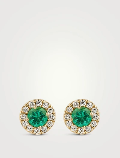 18K Gold Emerald Stud Earrings With Diamonds