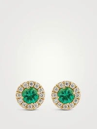 18K Gold Emerald Stud Earrings With Diamonds