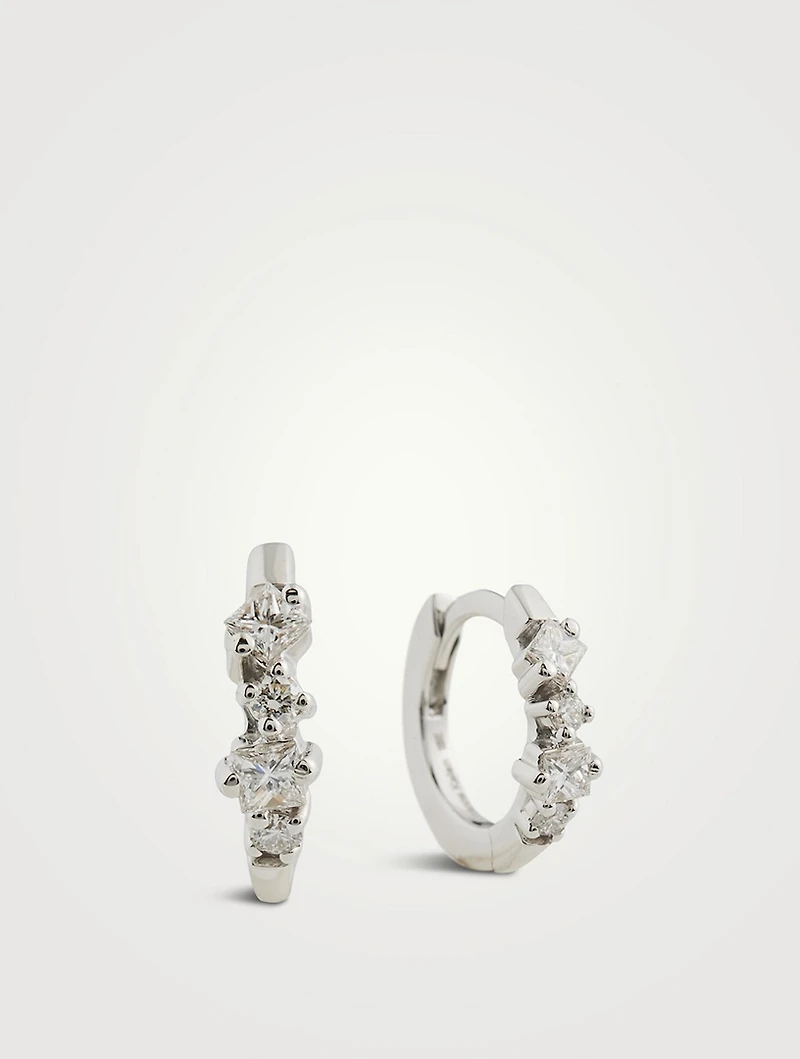 18K White Gold Princess Diamond Mix Huggie Hoop Earrings
