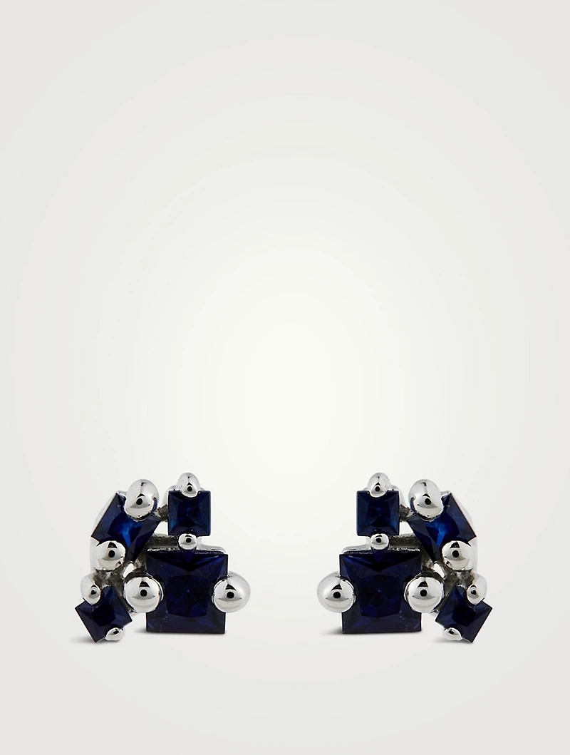 18K White Gold Princess-Cut Light Blue Sapphire Cluster Stud Earrings