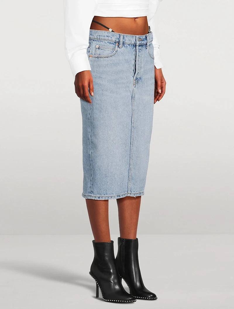 Denim Midi Skirt With Layered Diamanté Thong