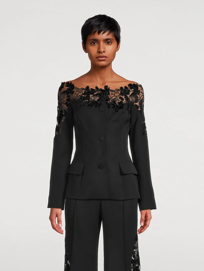 Guipure Lace-Trimmed Wool Jacket