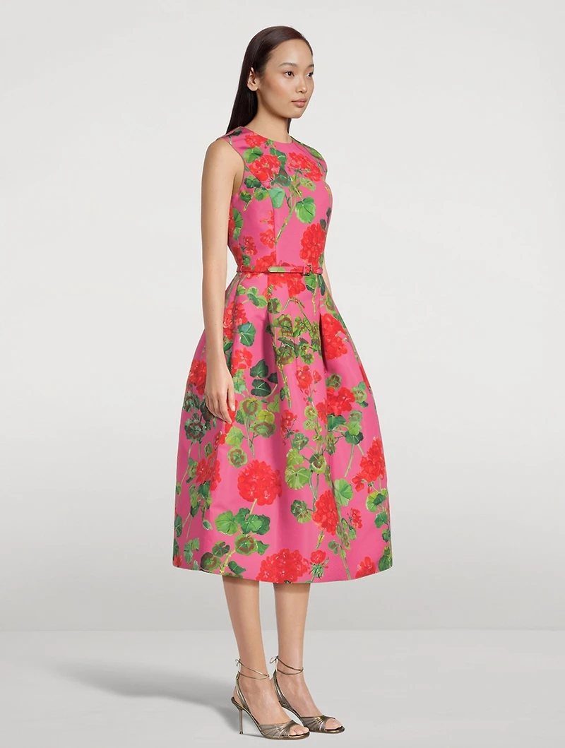 Faille Sleeveless Midi Dress Geranium Print