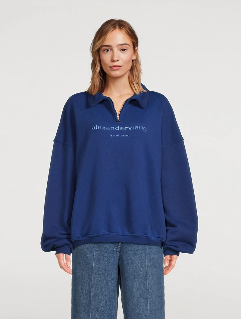 Glitter-Logo Half-Zip Polo Sweatshirt