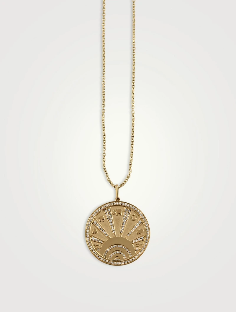 14K Gold Evil Eye Luck Coin Rays Pendant Necklace With Diamonds