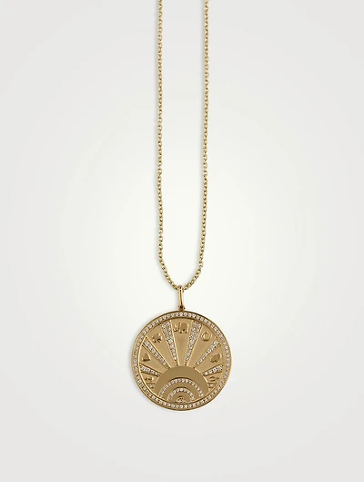 14K Gold Evil Eye Luck Coin Rays Pendant Necklace With Diamonds
