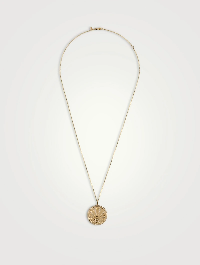 14K Gold Evil Eye Luck Coin Rays Pendant Necklace With Diamonds