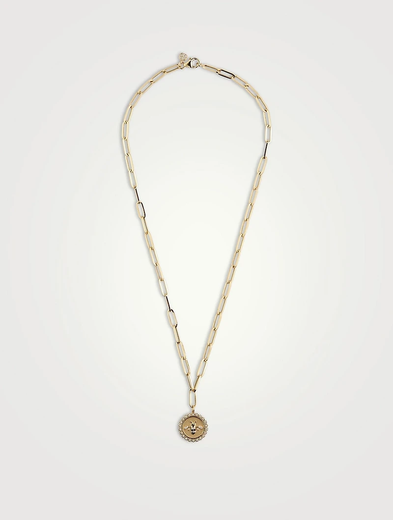 14K Gold Bee Coin Pendant Necklace With Diamonds