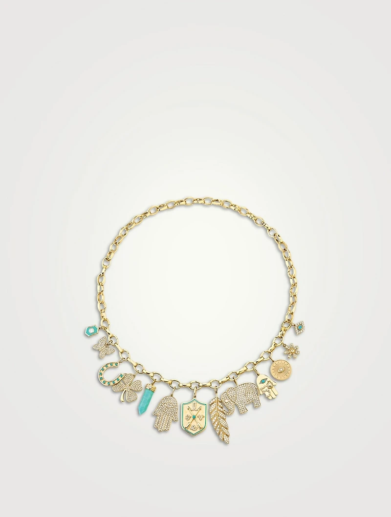 14K Gold Multi Charm Necklace With Diamonds