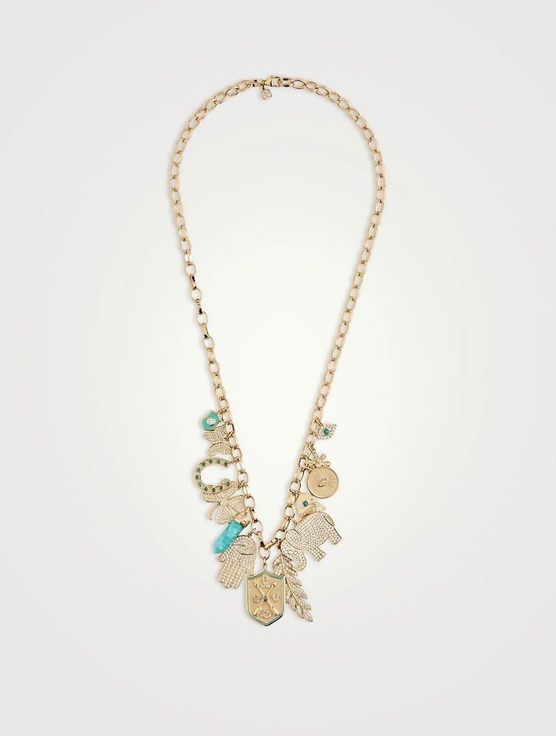 14K Gold Multi Charm Necklace With Diamonds