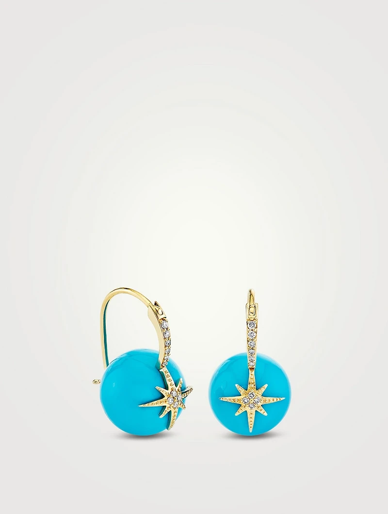 14K Gold Starburst Turquoise Earrings With Diamonds