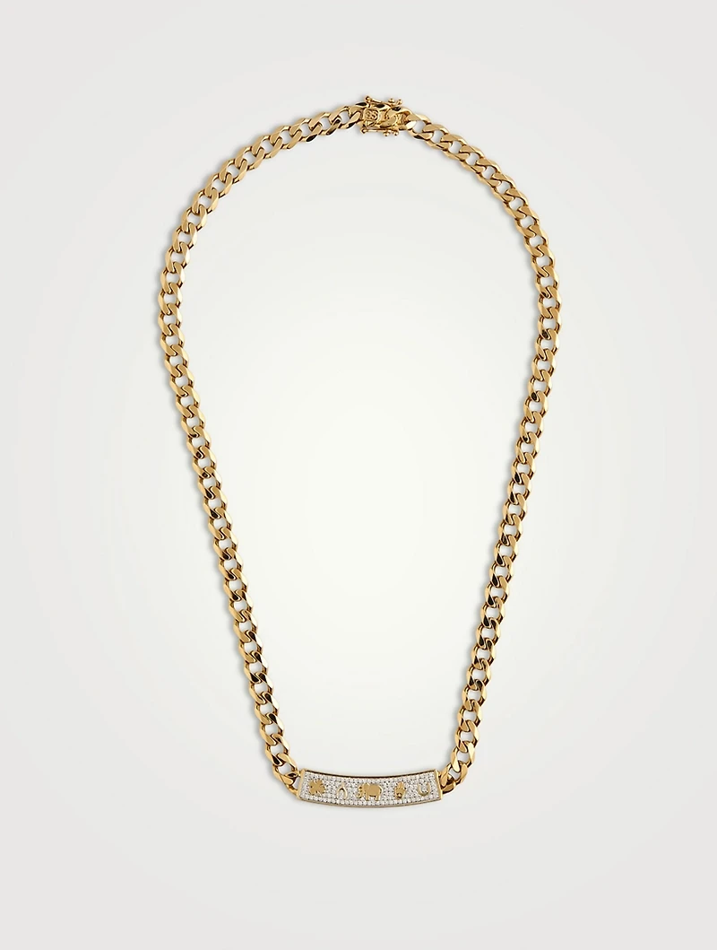 14K Gold Luck Icons Bar Necklace With Diamonds