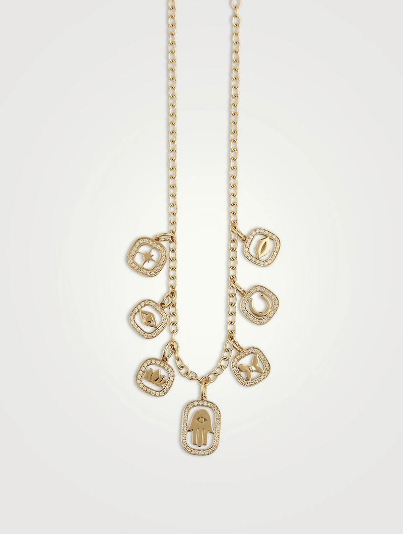 14K Gold 7 Open Icon Charm Necklace Wth Diamonds