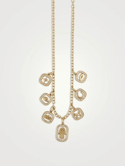 14K Gold 7 Open Icon Charm Necklace Wth Diamonds