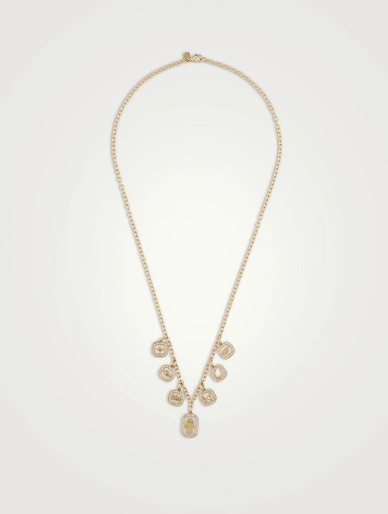 14K Gold 7 Open Icon Charm Necklace Wth Diamonds