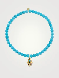 Beaded Turquoise Bracelet With 14K Gold Small Rainbow Hamsa Charm