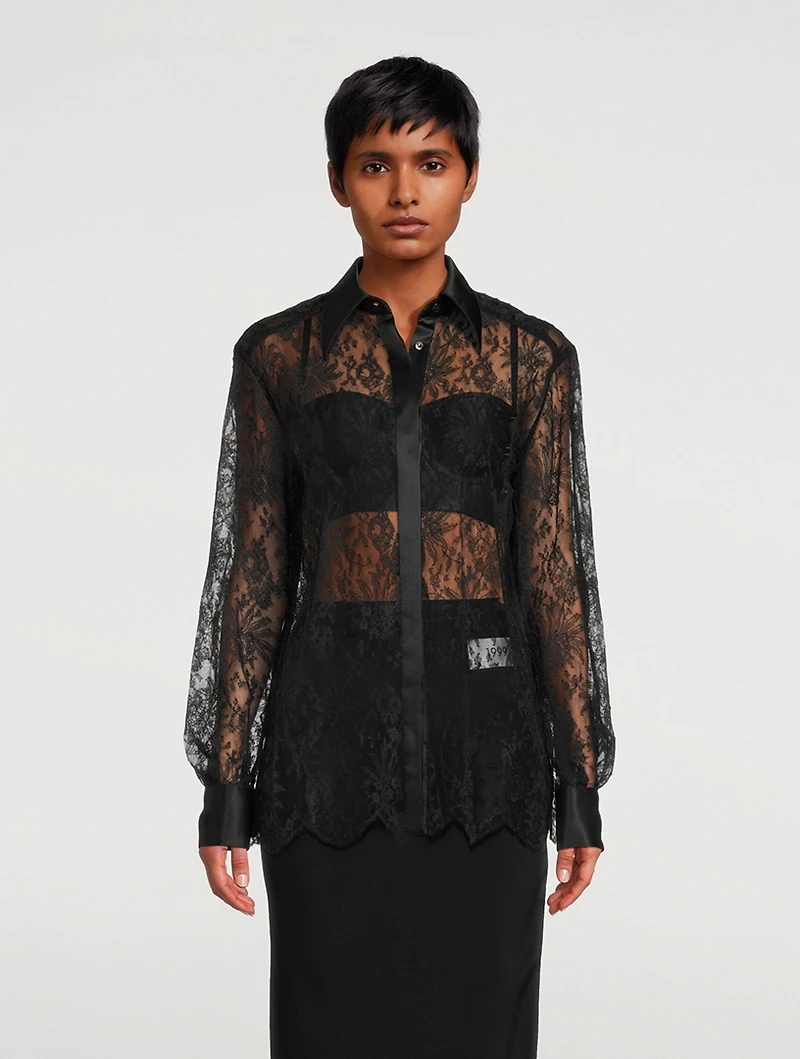 Satin-Trimmed Chantilly Lace Shirt