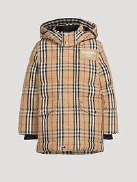 Vintage Check Nylon Hooded Puffer Coat