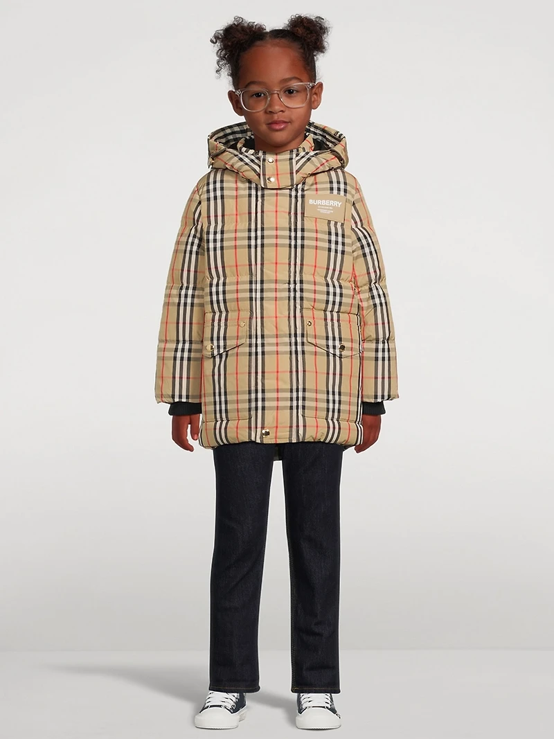 Vintage Check Nylon Hooded Puffer Coat