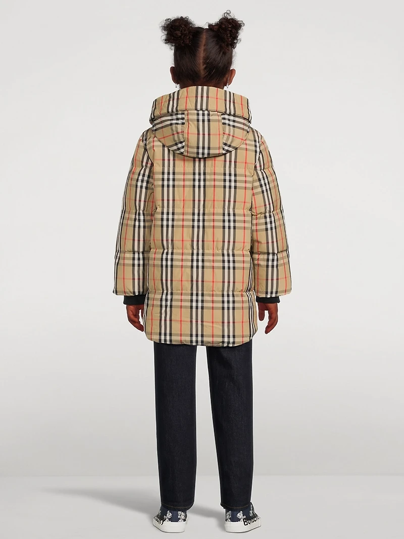 Vintage Check Nylon Hooded Puffer Coat