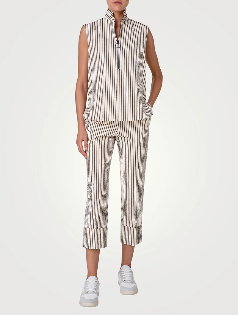 Seersucker Sleeveless Top Striped Print