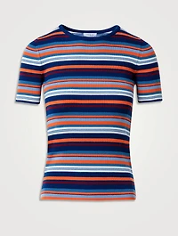 Wool Short-Sleeve Sweater Striped Print