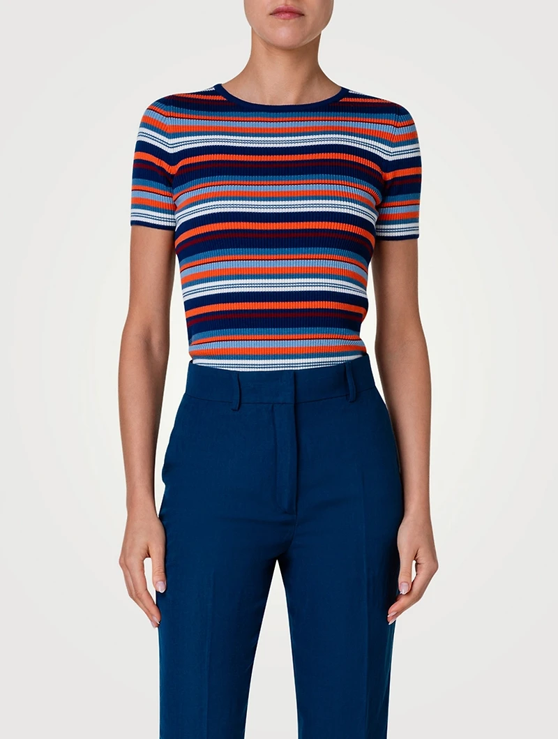 Wool Short-Sleeve Sweater Striped Print