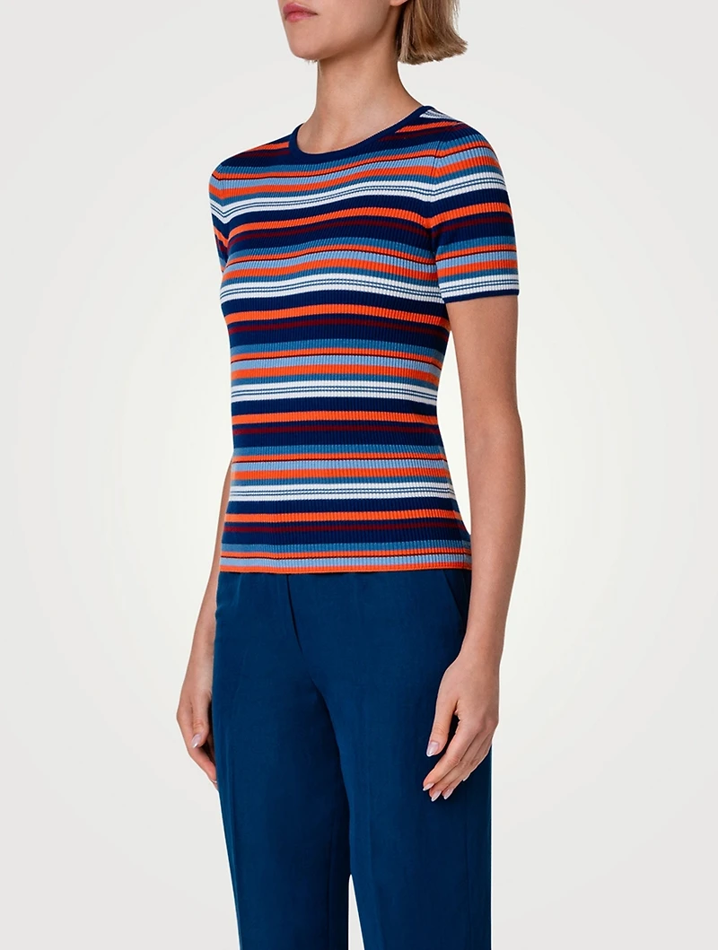 Wool Short-Sleeve Sweater Striped Print