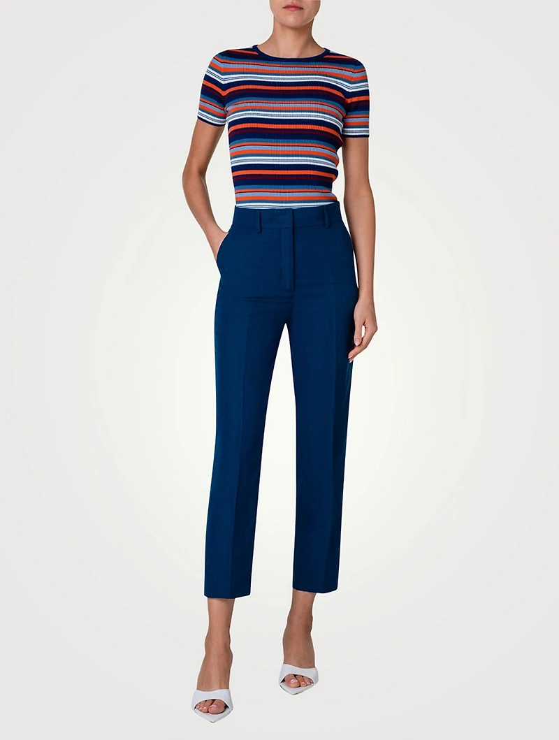 Wool Short-Sleeve Sweater Striped Print