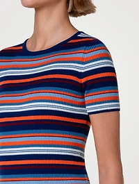 Wool Short-Sleeve Sweater Striped Print