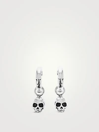 Silver Skull Drop Huggie Hoop Earrings
