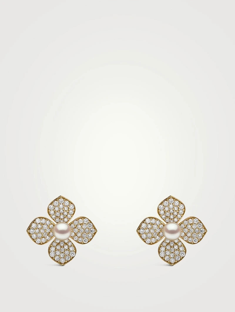 18K Gold Akoya Pearl And Diamond Flower Earrings