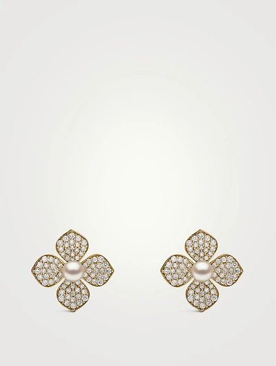 18K Gold Akoya Pearl And Diamond Flower Earrings