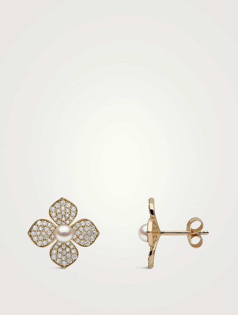 18K Gold Akoya Pearl And Diamond Flower Earrings