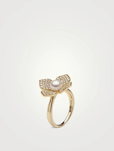 18K Gold Akoya Pearl And Diamond Flower Ring