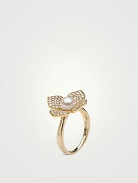 18K Gold Akoya Pearl And Diamond Flower Ring