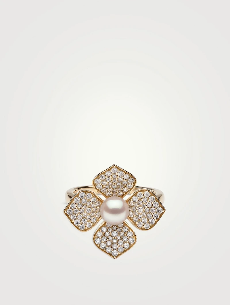 18K Gold Akoya Pearl And Diamond Flower Ring
