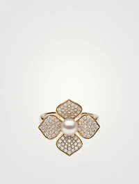 18K Gold Akoya Pearl And Diamond Flower Ring