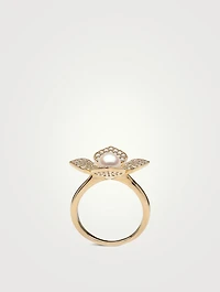 18K Gold Akoya Pearl And Diamond Flower Ring