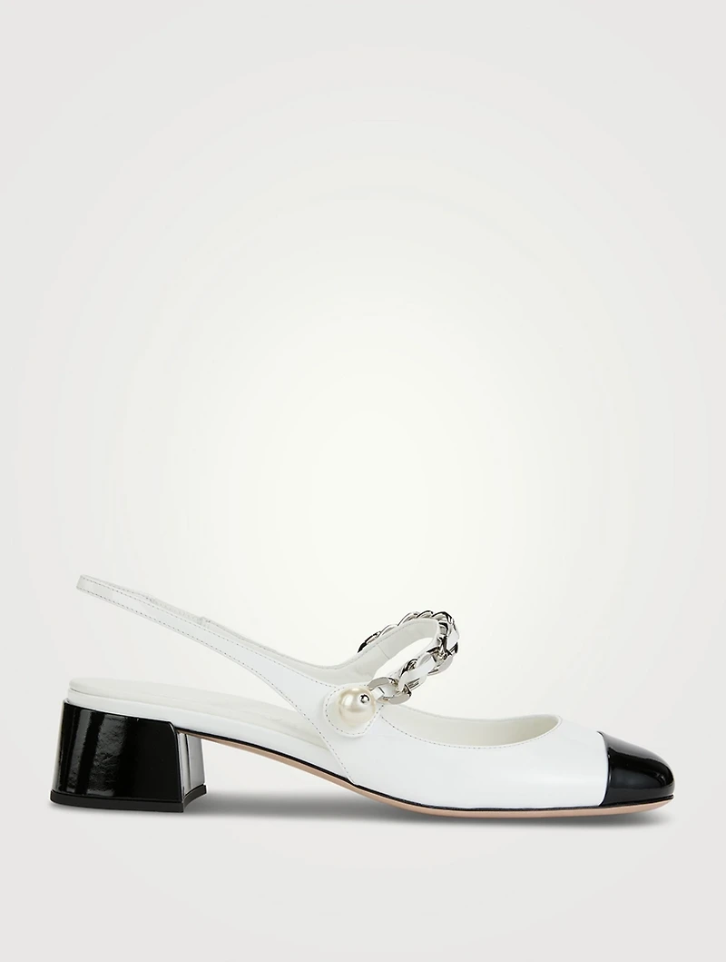 Leather Mary Jane Slingback Pumps With Pearl Chain Strap