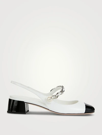 Leather Mary Jane Slingback Pumps With Pearl Chain Strap