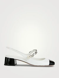 Leather Mary Jane Slingback Pumps With Pearl Chain Strap