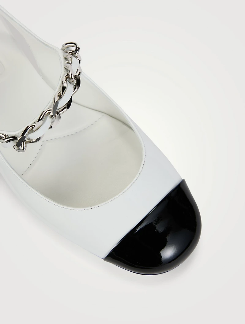 Leather Mary Jane Slingback Pumps With Pearl Chain Strap