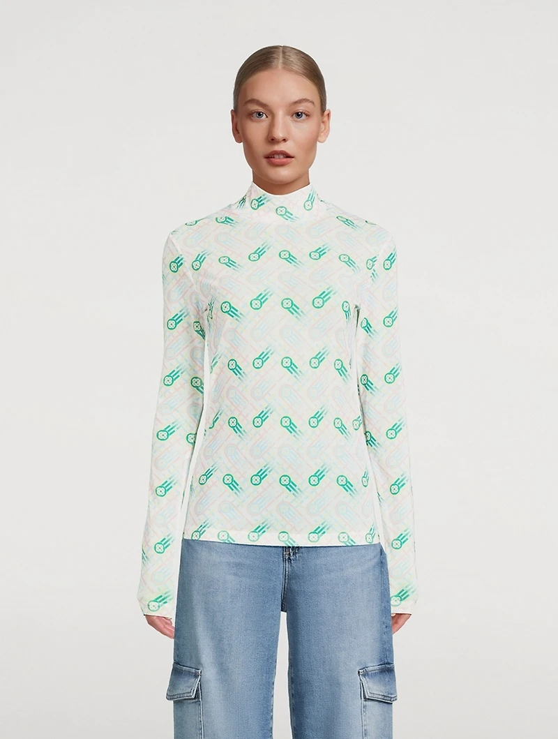 Printed Mesh Mockneck Top