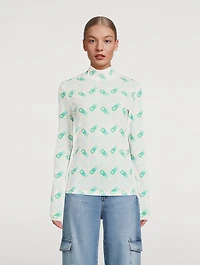 Printed Mesh Mockneck Top