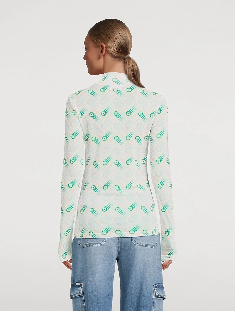 Printed Mesh Mockneck Top