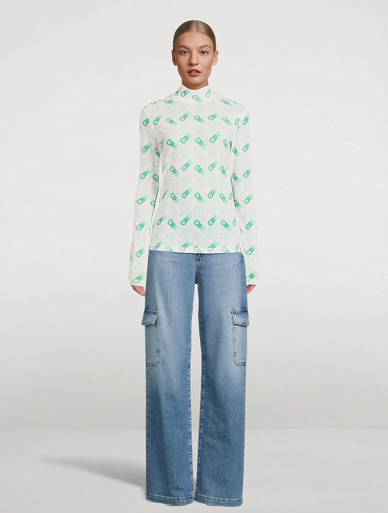 Printed Mesh Mockneck Top